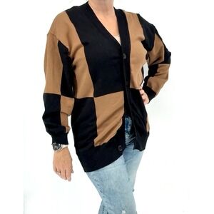 Promesa Womens Medium Color Block Cardian Brown Black Sweater Geometric Button